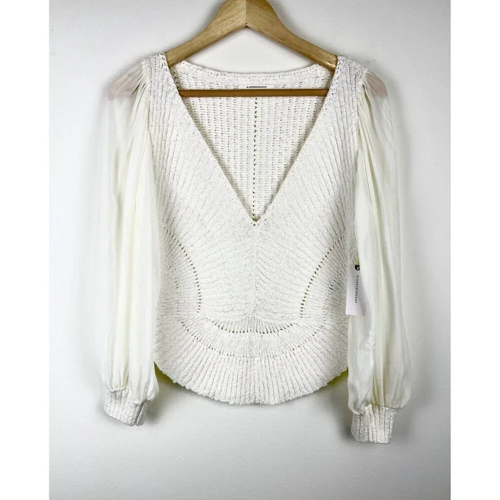 NWT! ANTHROPOLOGIE‎ Sheer Long-Sleeve V-Neck Knit Sweater Ivory Cream Size S - Picture 4 of 11